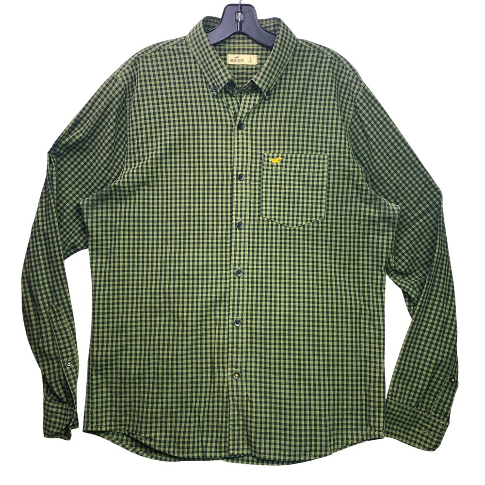 Hollister‎ Shirt Mens Large Green Gingham Preppy Academia Logo Career Streetwear